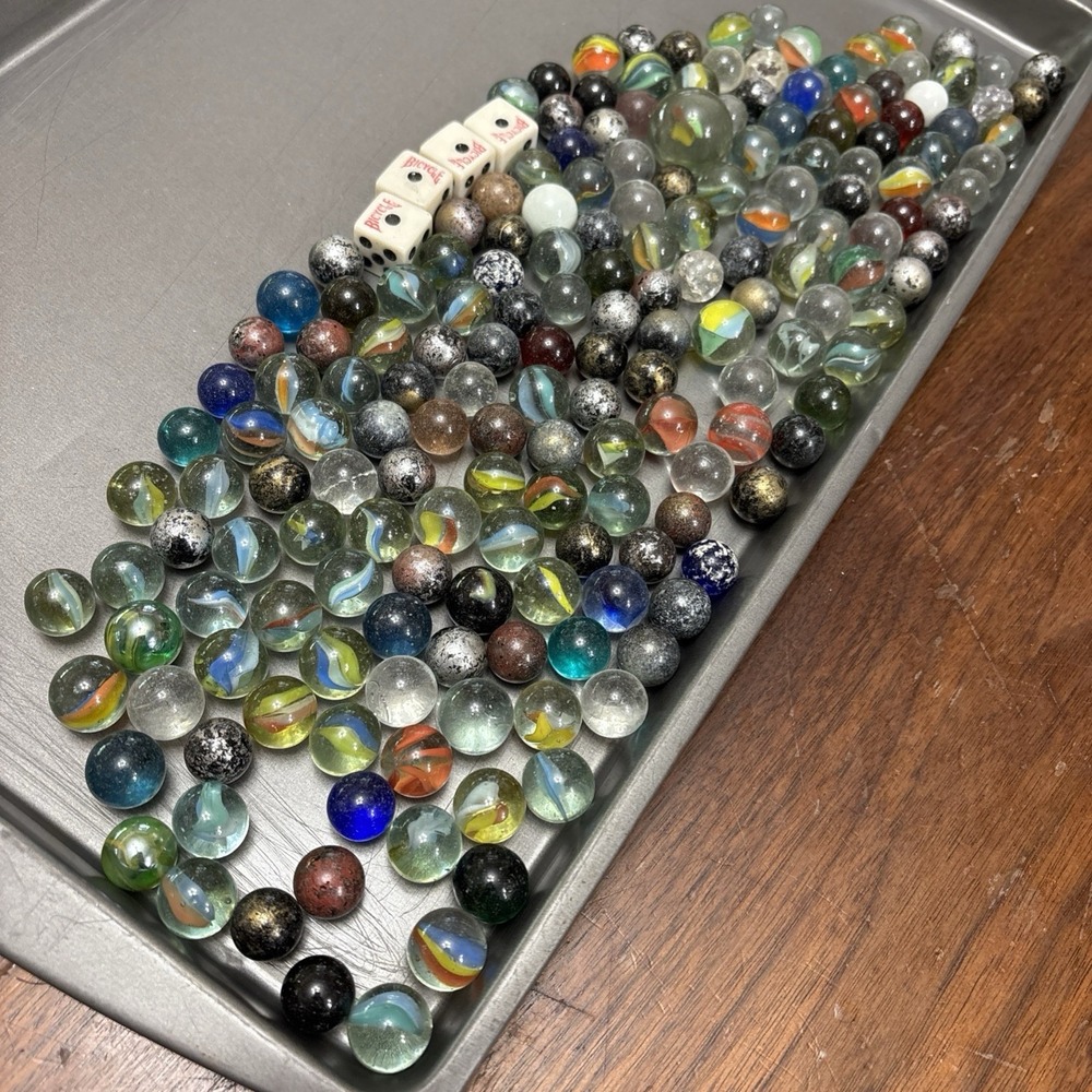 VTG Glass Marbles Lot 185 Metallic Mica Fleck Swirl Cats Eye Bicycle Dice + Taw